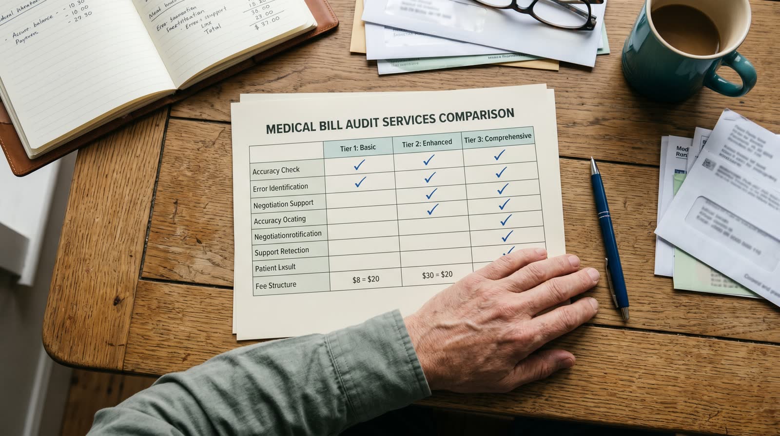 Three screens showing different medical bill review tool interfaces side by side