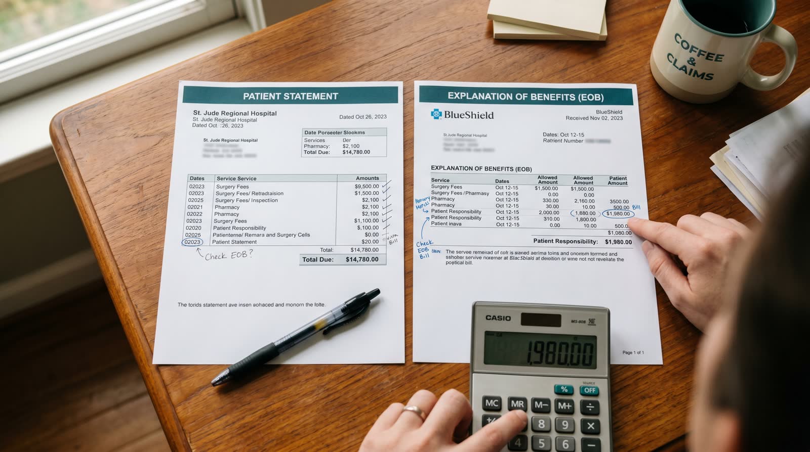 Patient holding a hospital bill next to an Explanation of Benefits document, looking confused