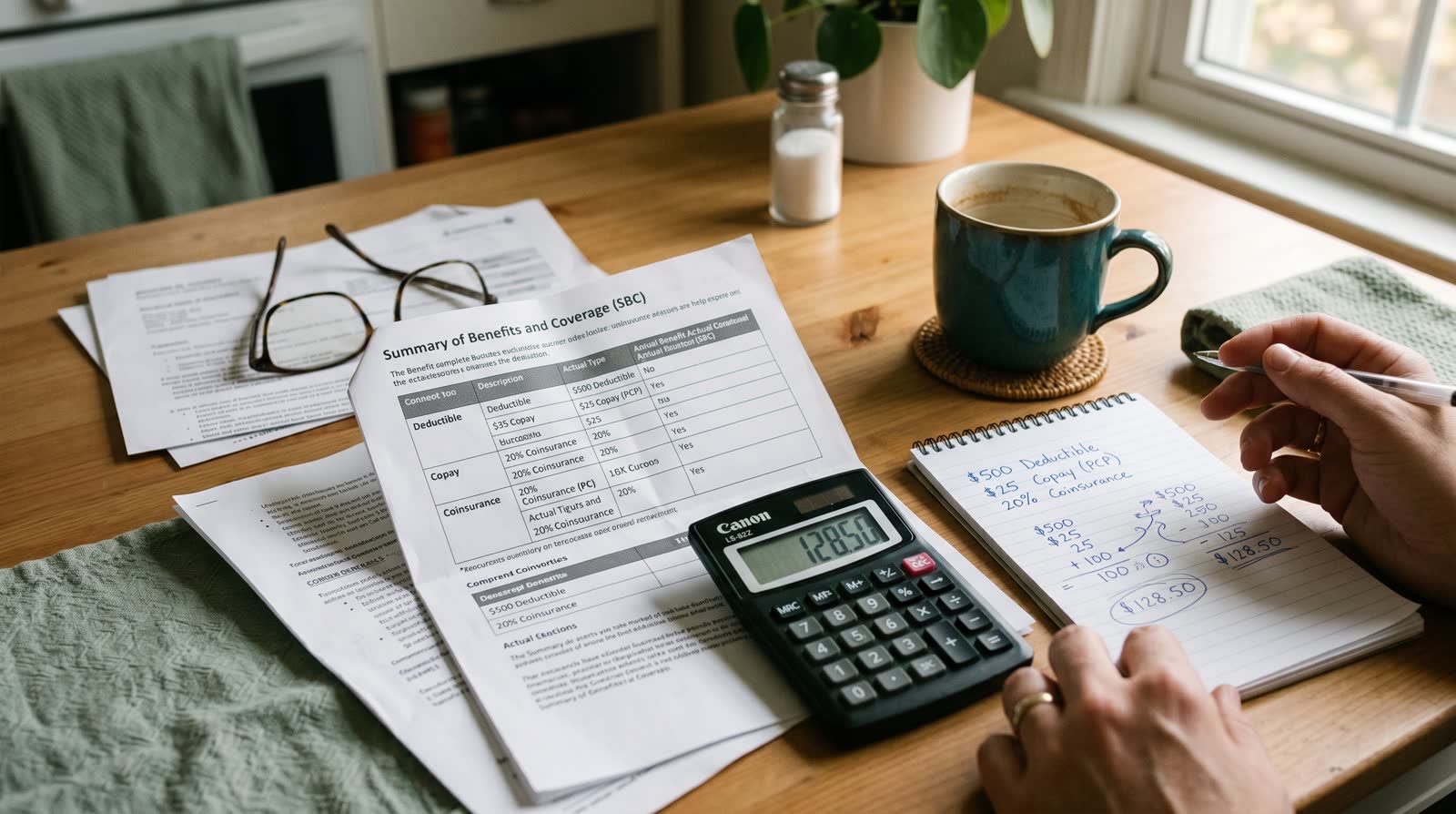 A patient reviewing health insurance plan documents at a kitchen table