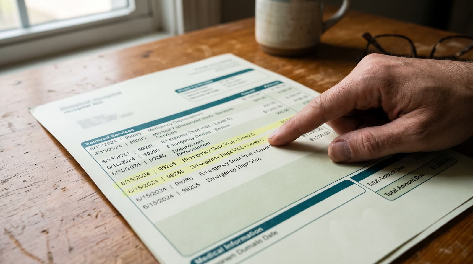 Close-up of a hospital bill showing repeated line items highlighted in red