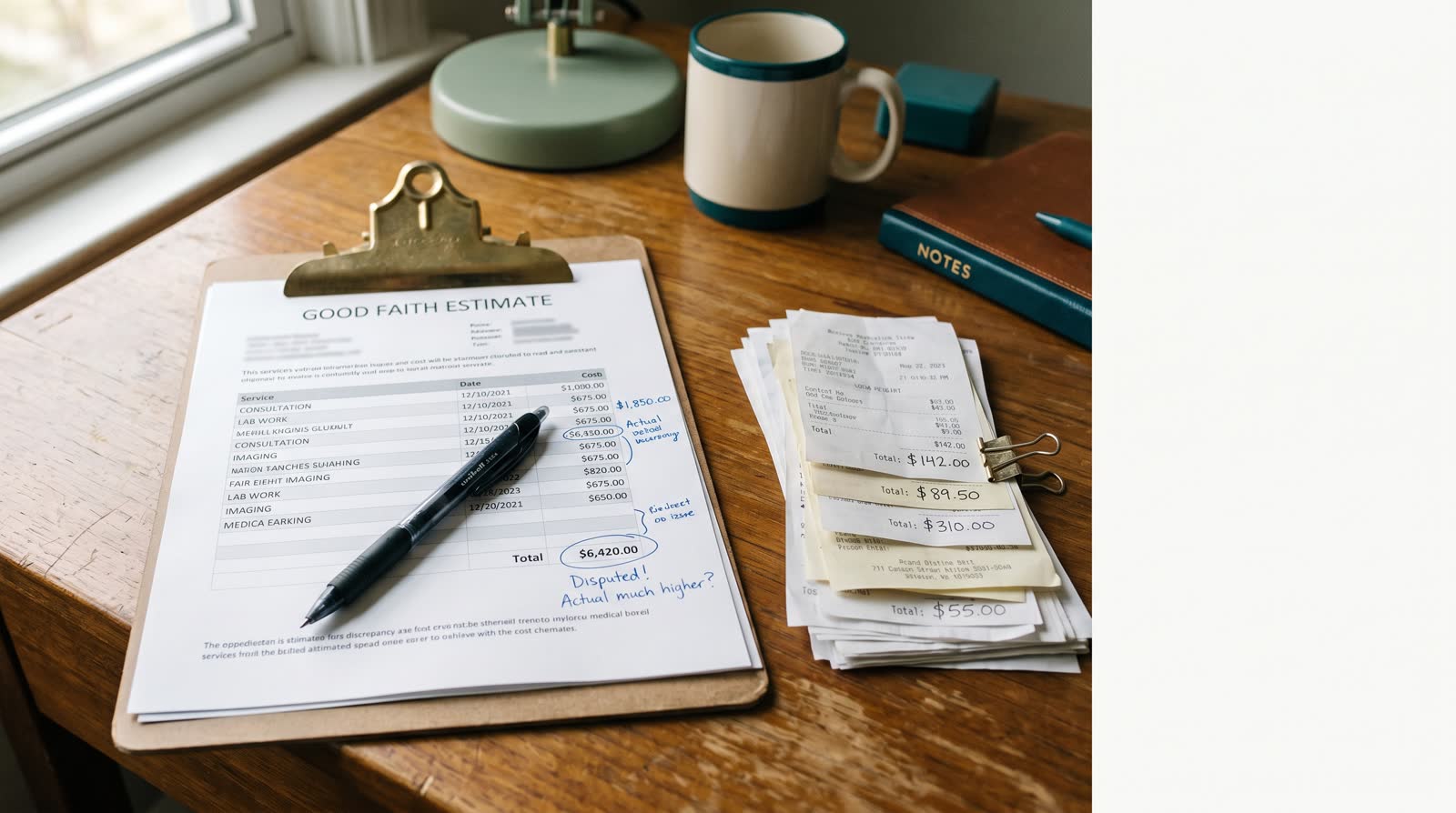 A person holding a Good Faith Estimate document next to a final medical bill, comparing the two totals