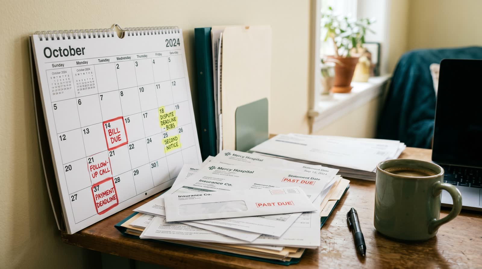 A calendar with medical bill deadlines marked, sitting on a kitchen table next to an Explanation of Benefits