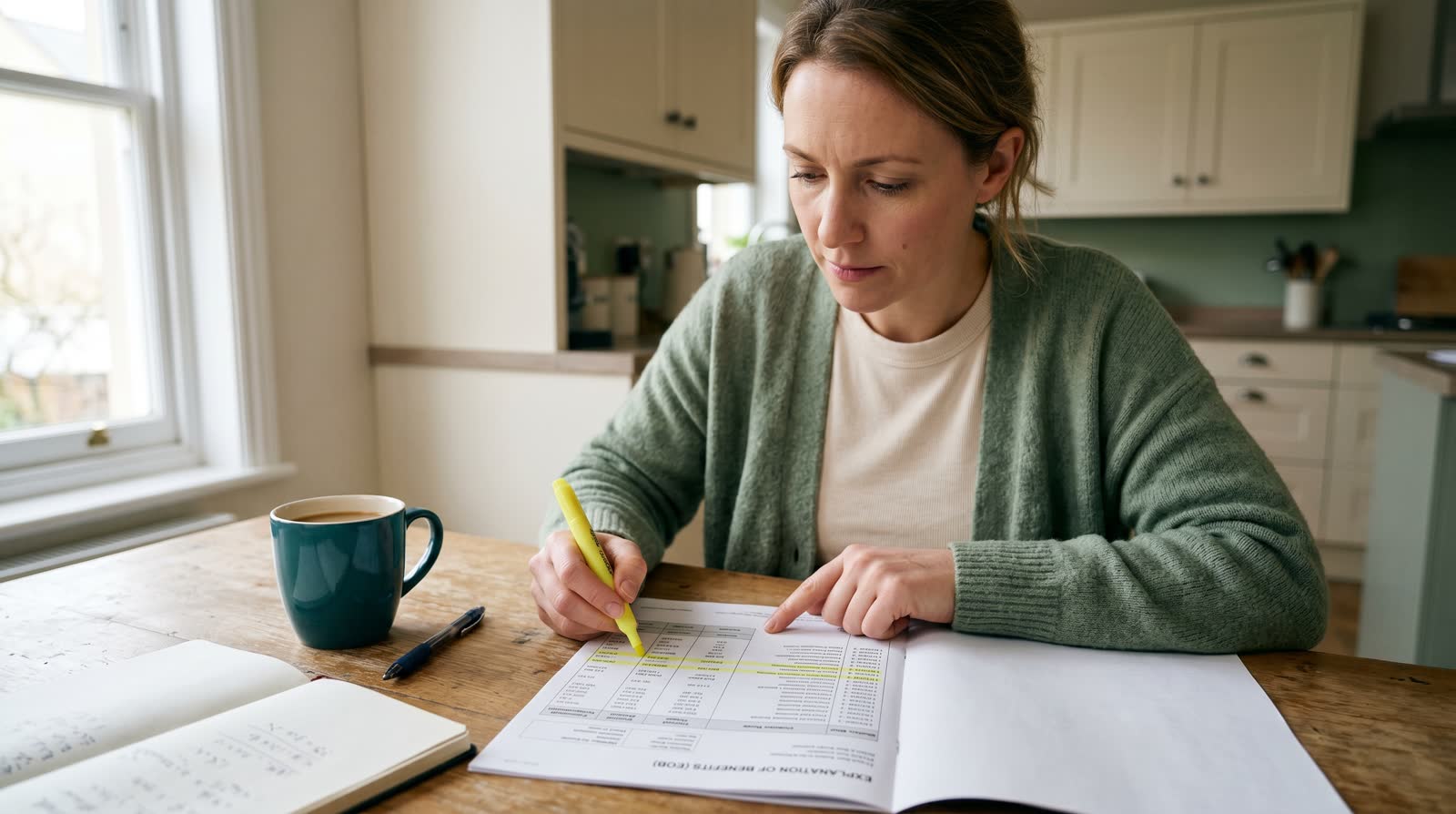 A person reviewing an Explanation of Benefits document at a kitchen table, with a medical bill beside it