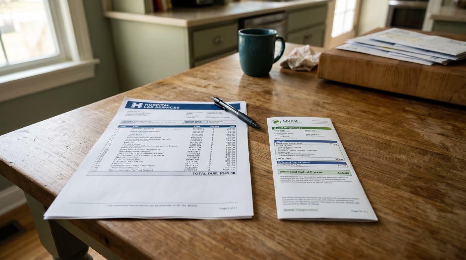 A patient reviewing a lab bill at a kitchen table