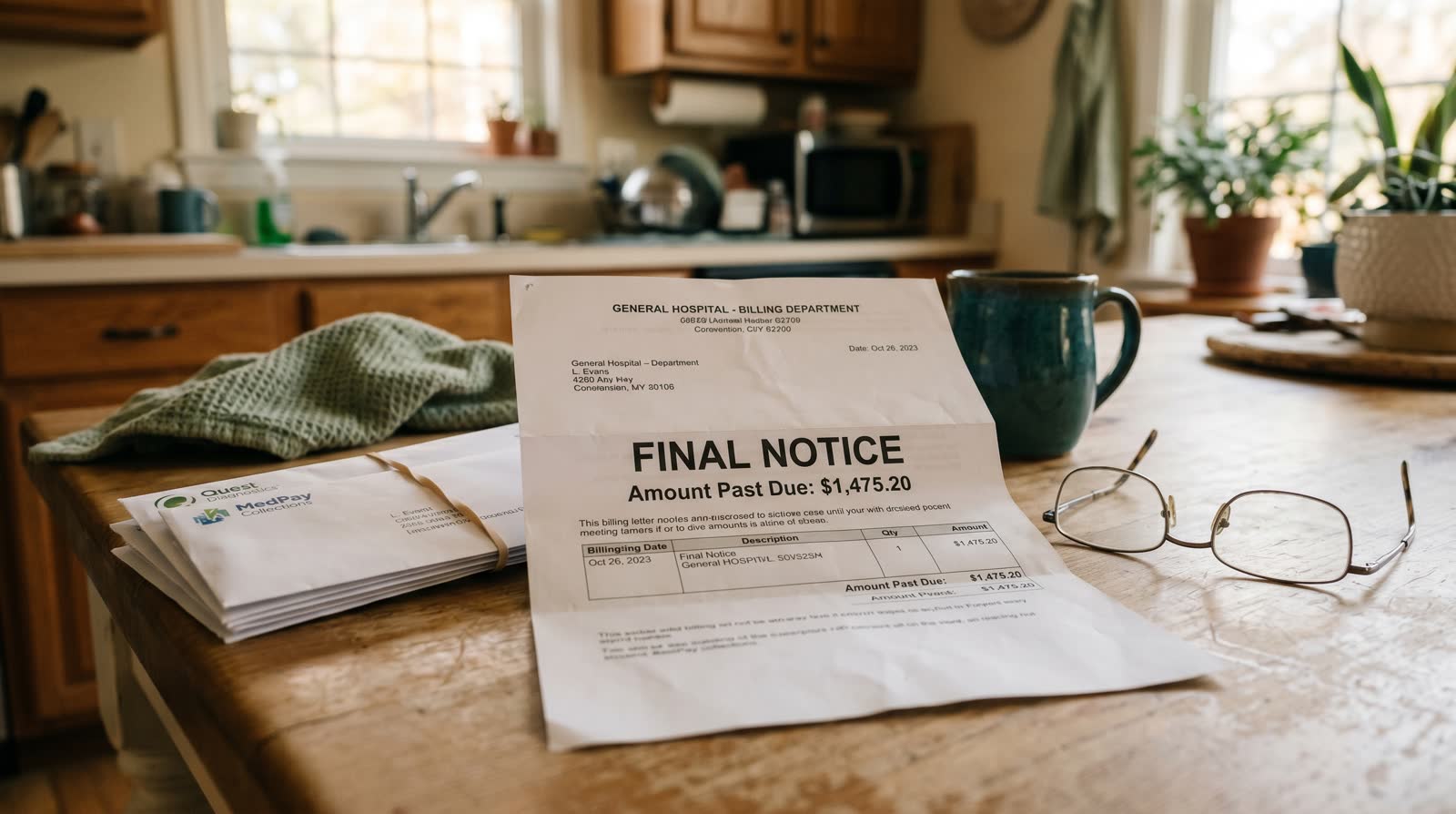 Person reviewing a collections notice letter for a medical debt at their desk