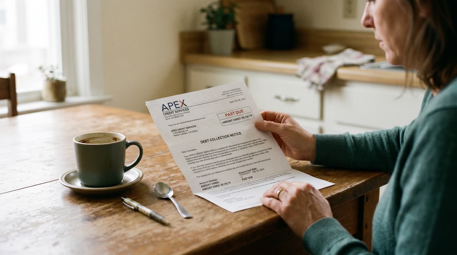 A patient reading a debt collection letter at a kitchen table