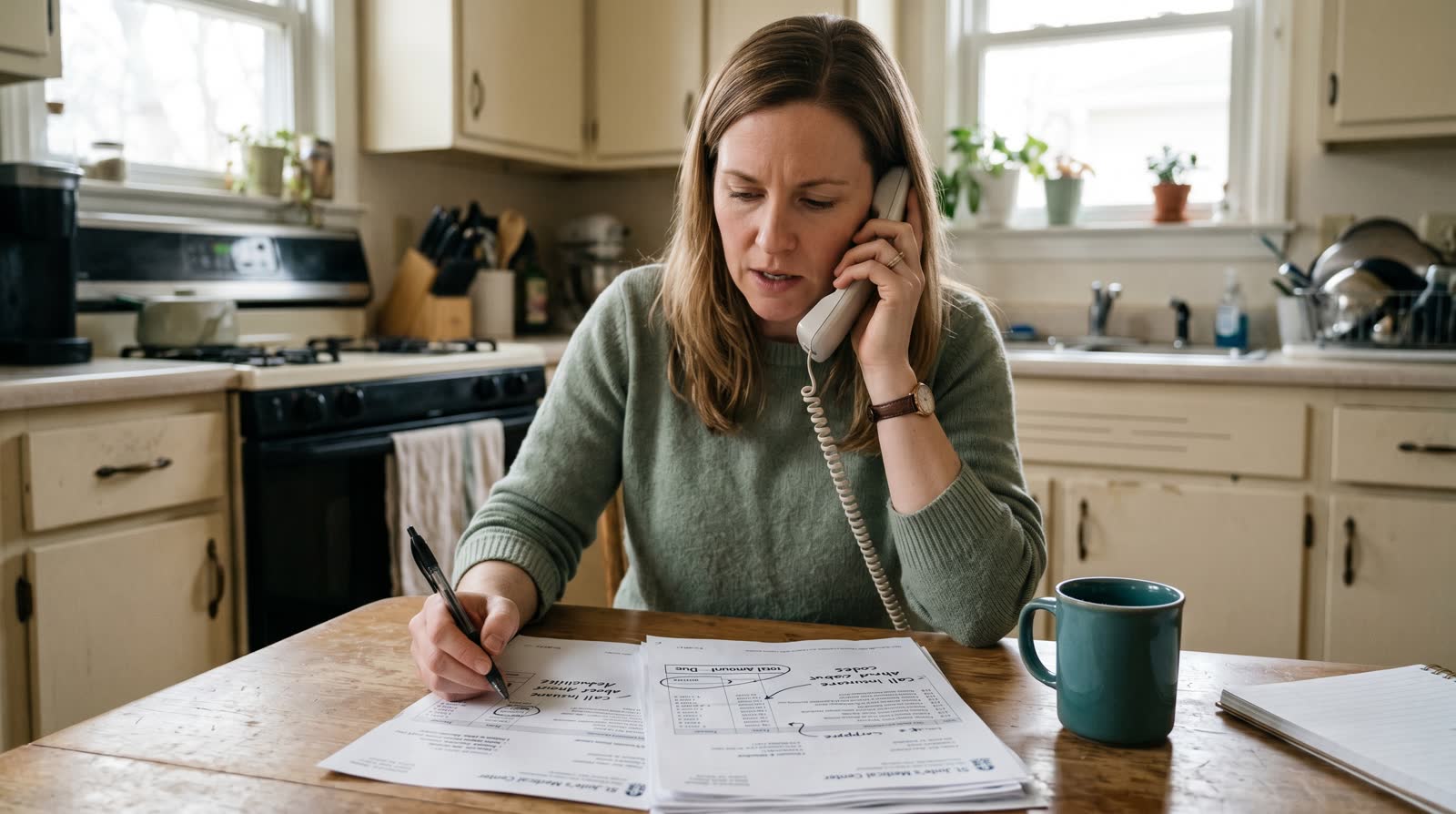A person on a phone call at a desk, with a medical bill, notepad, and pen in front of them