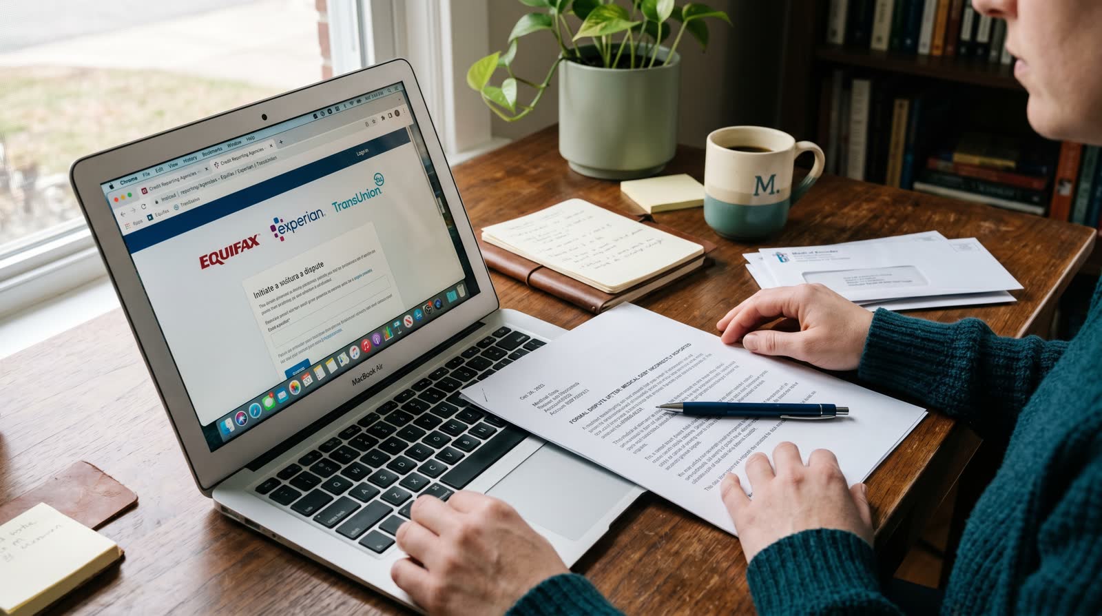 A patient reviewing a credit report at a kitchen table
