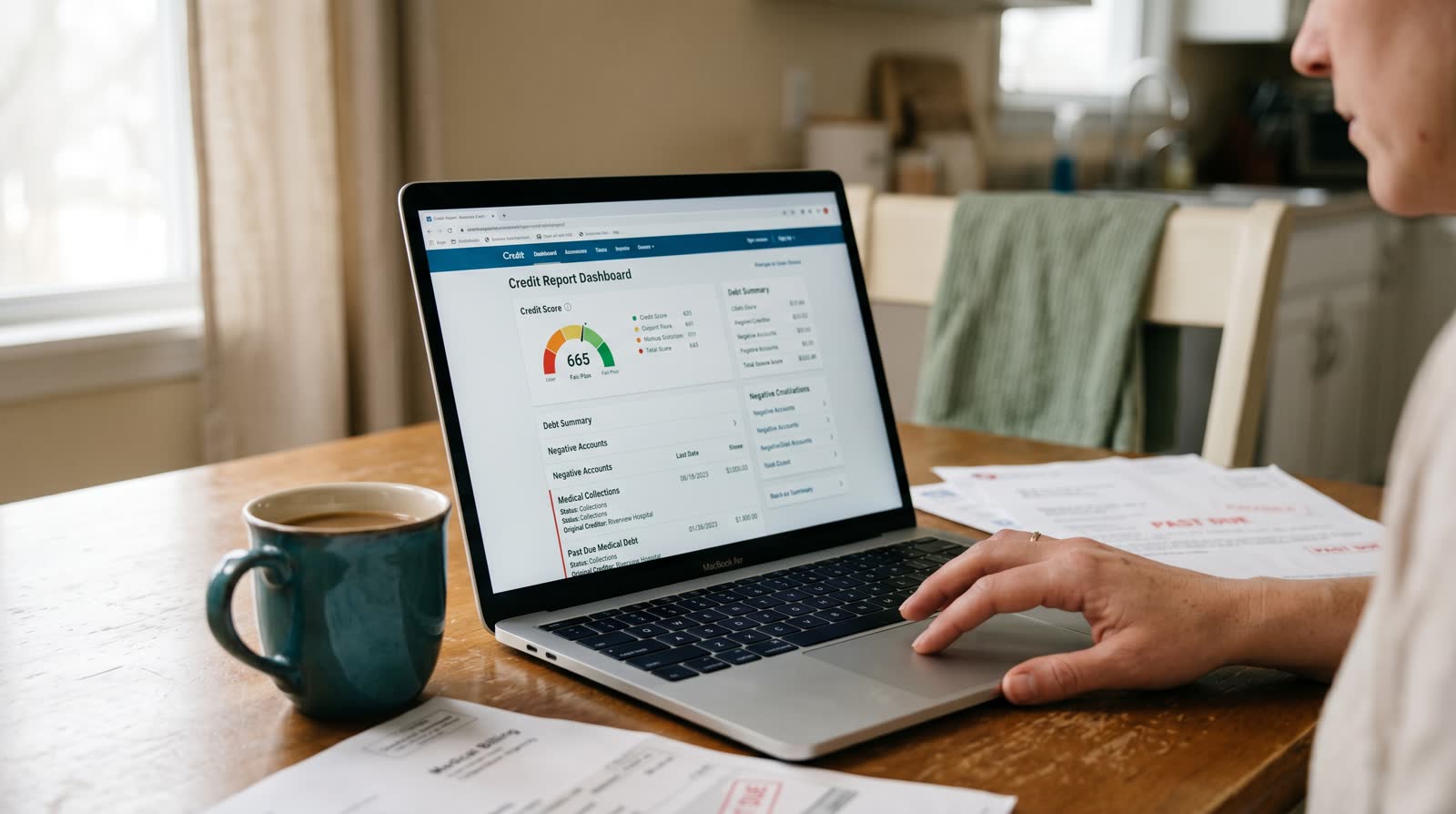 Person checking a credit report on a laptop, with a medical bill visible on the desk