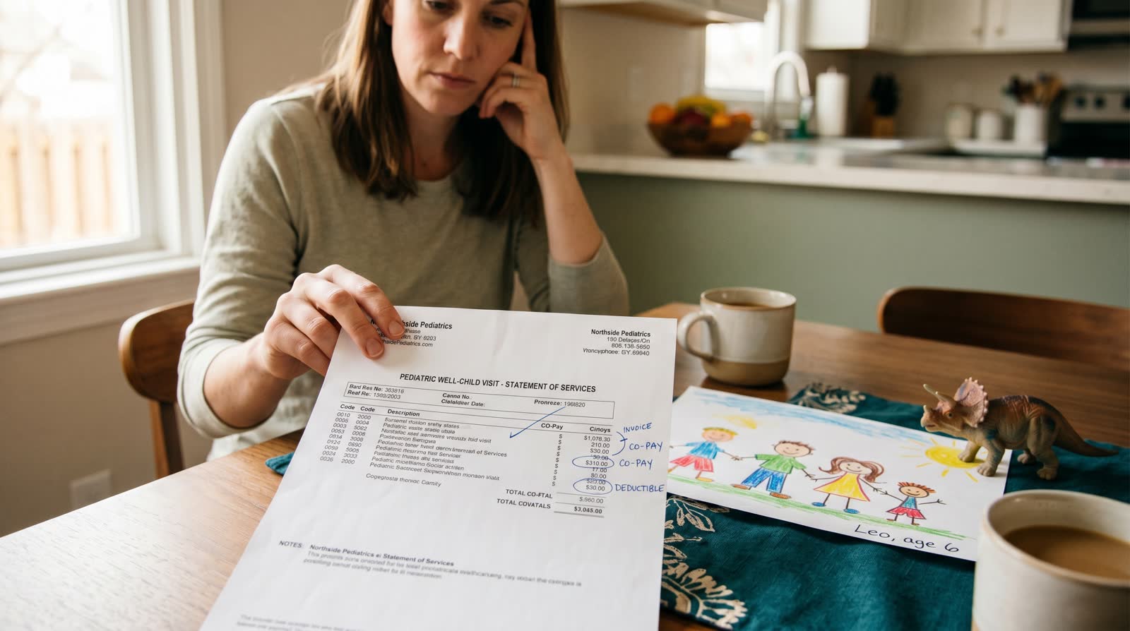 A parent reviewing a pediatric medical bill at a kitchen table