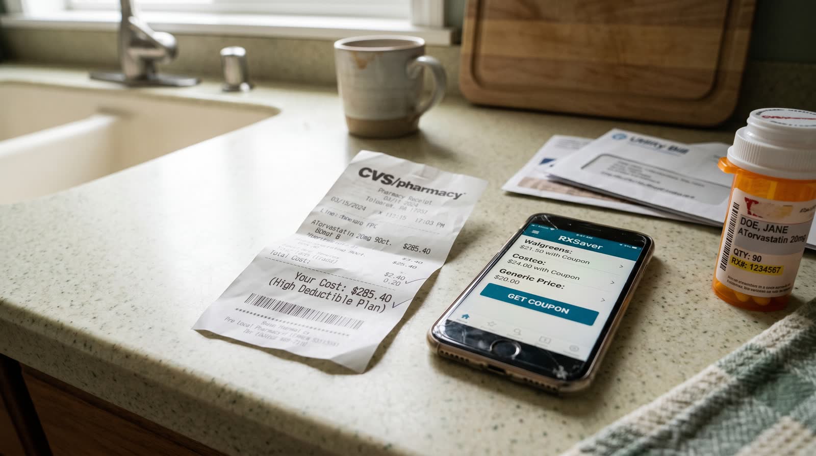 A patient comparing prescription prices on a phone at a pharmacy counter