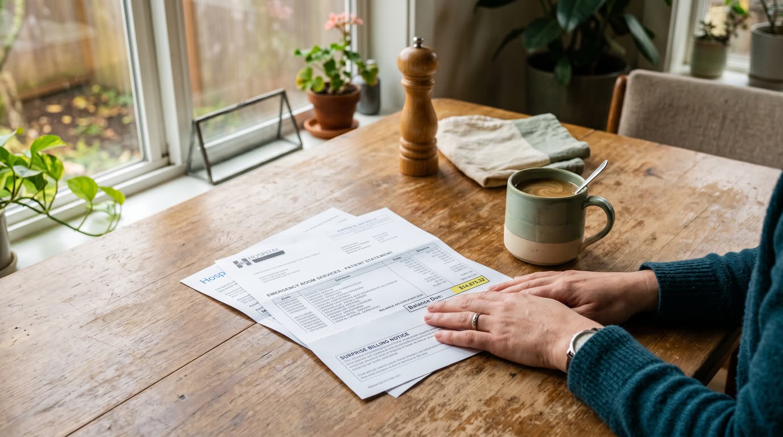 Person opening a large unexpected hospital bill at their kitchen table